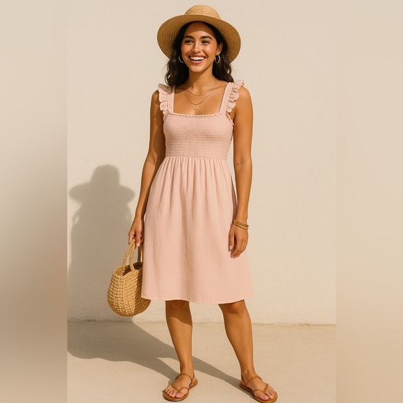 Wilfred Dresses & Skirts - Aritzia Wilfred Babydoll Sleeveless Smocked Peach Dress Size Medium